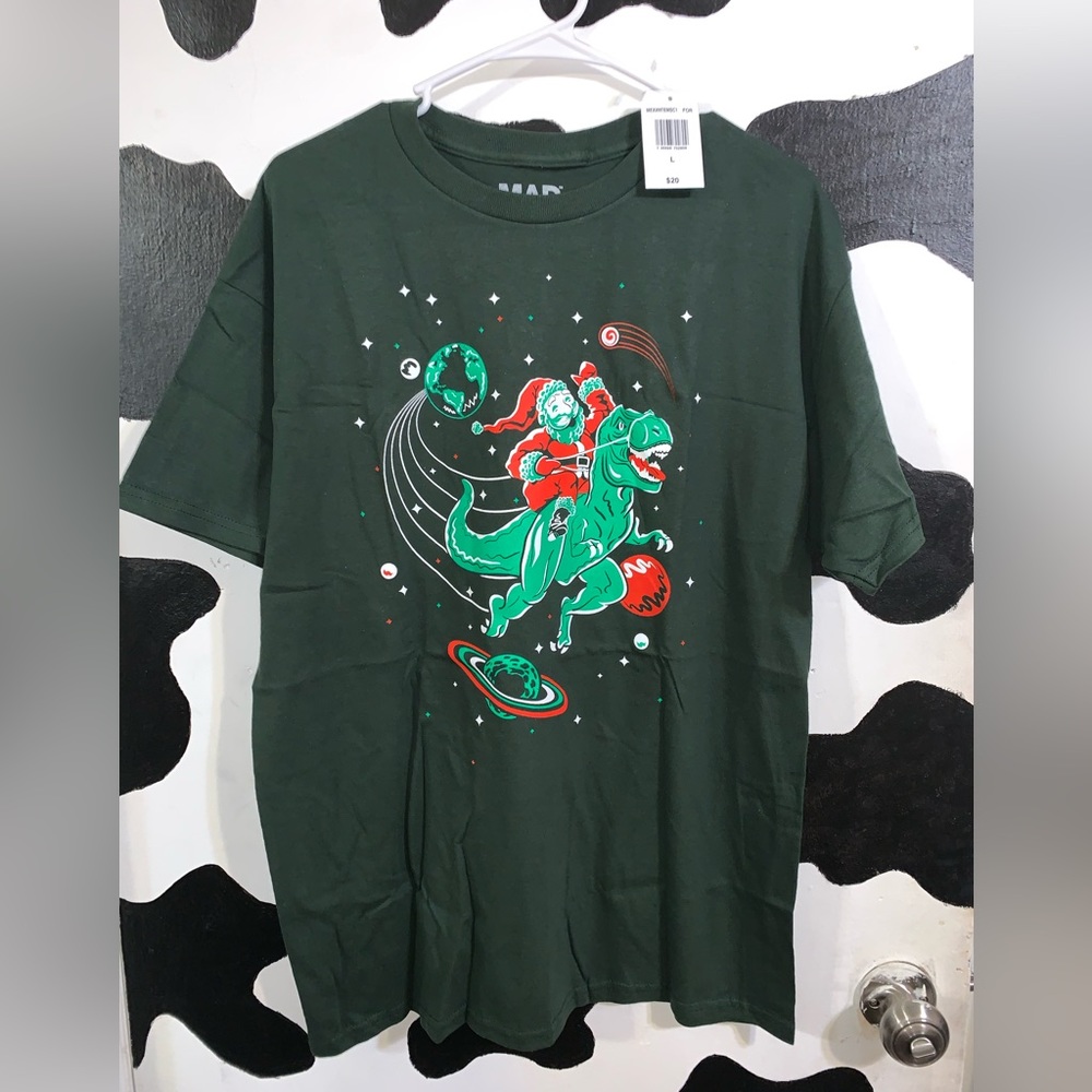 Brand new men’s size large Santa riding a dinosaur T-shirt.